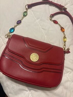 Marvel Red Shoulder Bag with Multicolor Jewel Chain Strap